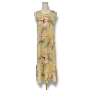 1990s Vintage Tommy Bahama Silk Hibiscus Floral Print Midi Dress Yellow Resort